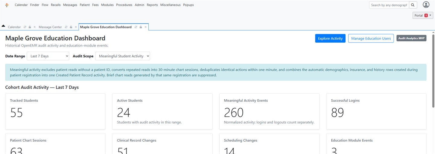 OpenEMR education dashboard showing student activity, logins, chart sessions, and record changes.
